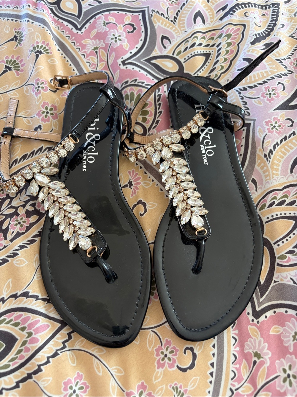 Fibi& Clo Black Jeweled T-Strap Sandals